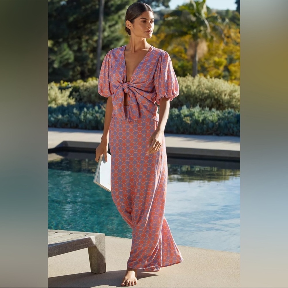 Beach Riot Coral and Blue Tie-Front Maxi Dress